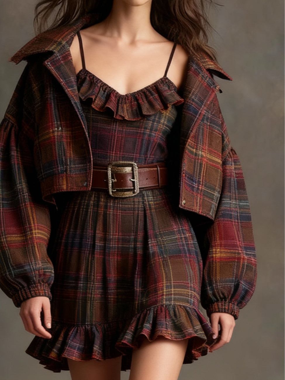 Geraldine Vintage Plaid Ruffle Mini Dress Set