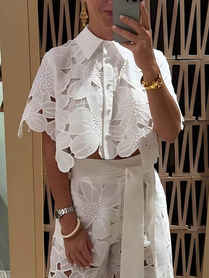 Natasha Floral Embroidery Hollow Suit