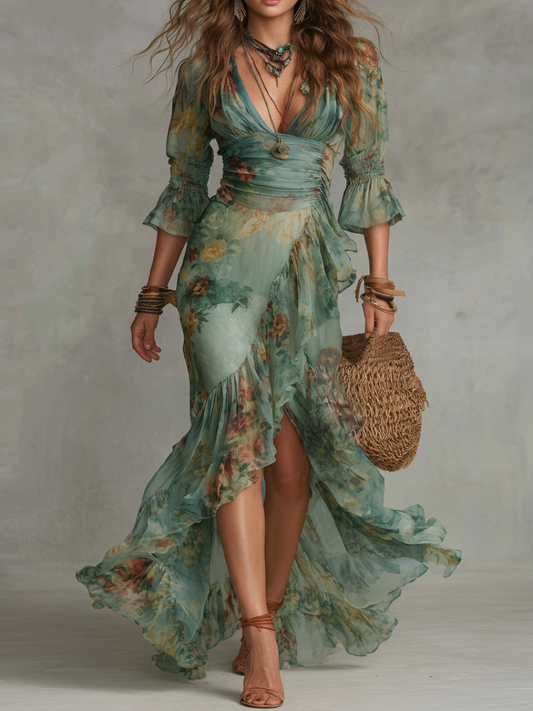 Maxi Dress in Grass Green Chiffon with Irregular Ruffles and Slit