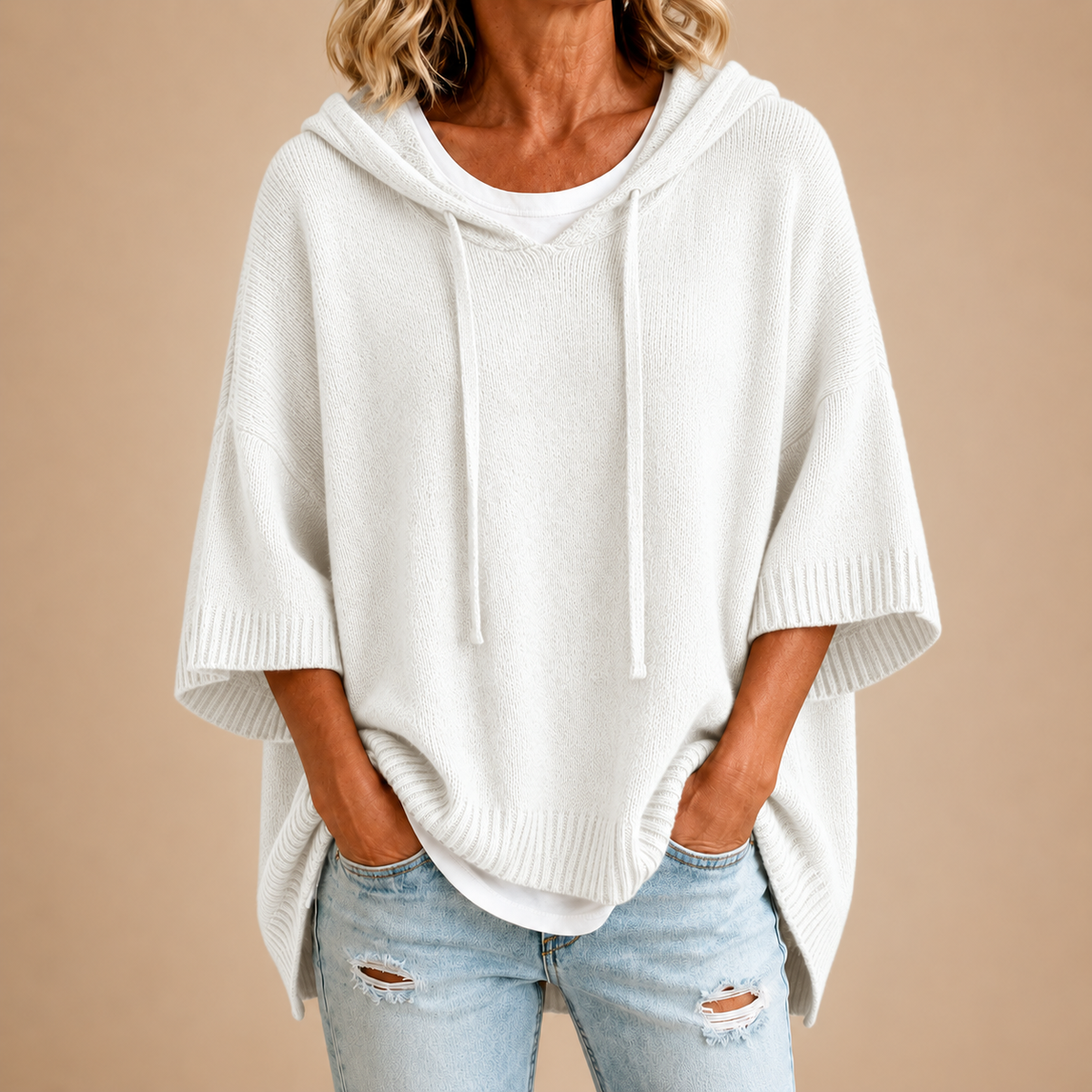 Luna | Knitted Hooded Poncho in White