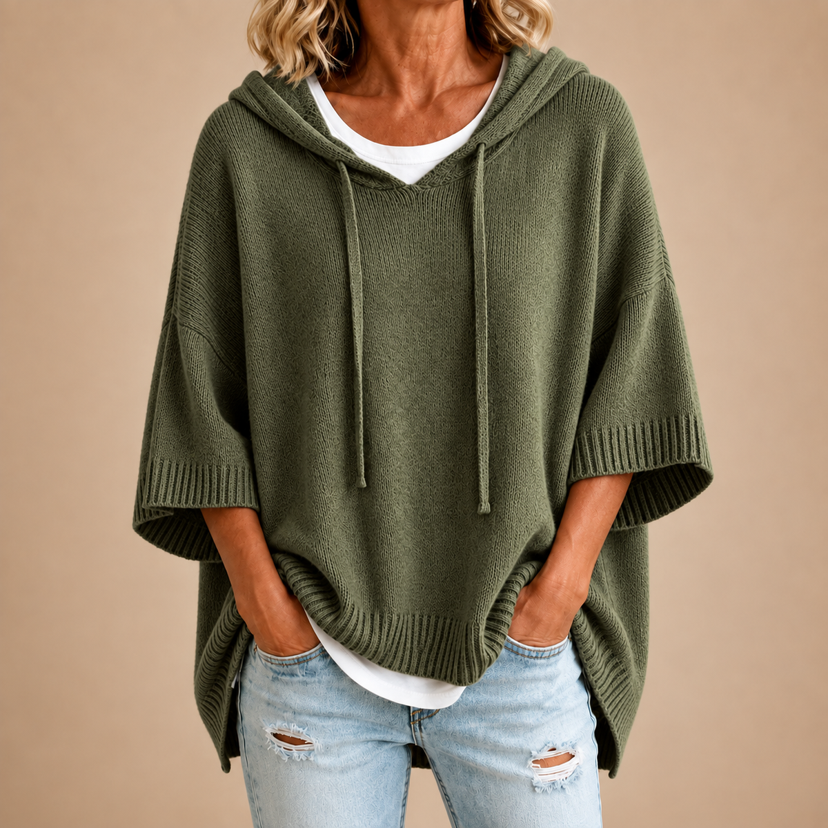 Mia | Knit Hooded Poncho in Army Green
