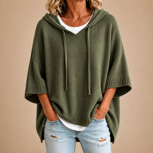 Mia | Knit Hooded Poncho in Army Green