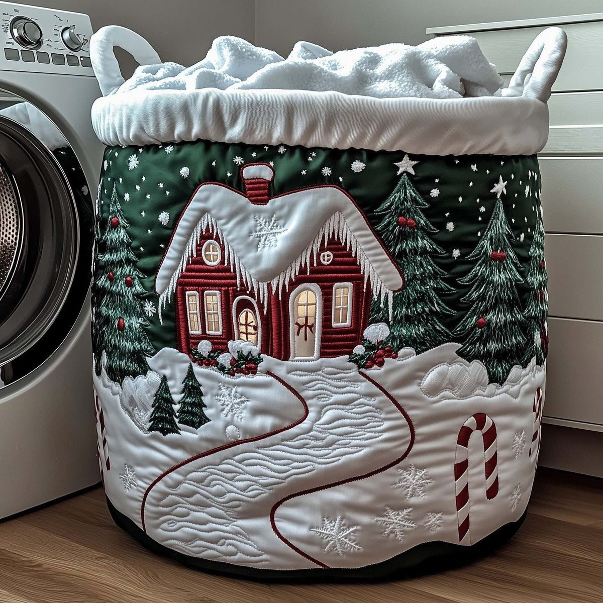 Snowy Evergreen Cottage Laundry Basket - 2