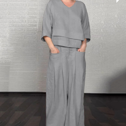 Liza | 2-piece cotton-linen set – V-neck top and wide-leg trousers • S1